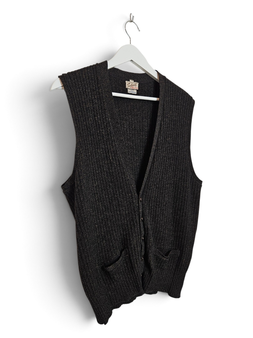Vintage Sakowitz Lambswool Sweater Vest V Neck Button Ribbed Knit Black Pockets